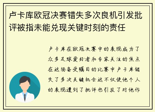 卢卡库欧冠决赛错失多次良机引发批评被指未能兑现关键时刻的责任